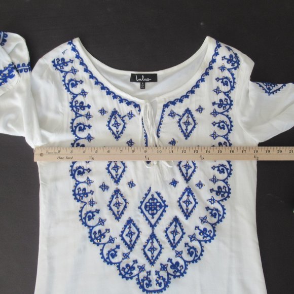 Lulus Womens Sz. S Long Sleeve Embroidered Tie Neck Boho Mini Dress White Blue - Picture 6 of 12